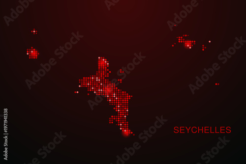 Seychelles Map - Digital dotted map with glowing red points on dark background, modern technology style, abstract data network design, clean minimal vector illustration.