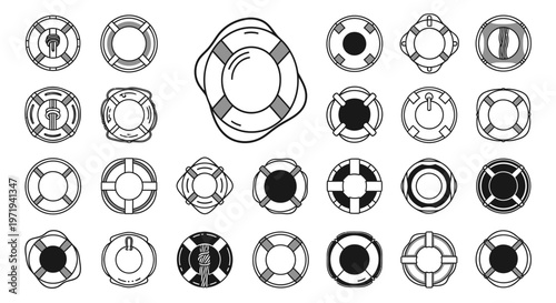 Collection of Lifesaver Ring Icons, Safety Equipment, Water Rescue