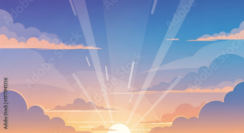 Sunrise with sun rays shining through fluffy clouds in a serene blue and orange sky