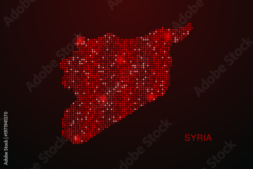 syria Map - Digital dotted map with glowing red points on dark background, modern technology style, abstract data network design, clean minimal vector illustration.