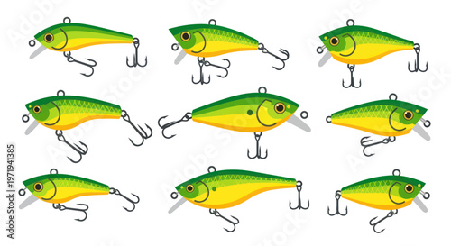 Collection of realistic fishing lures, green and yellow, isolated on white background