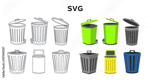 Collection of Trash Cans and Recycling Bins, Vector Icons and Illustrations