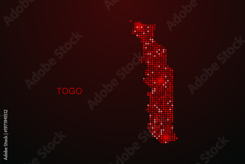 Togo Map - Digital dotted map with glowing red points on dark background, modern technology style, abstract data network design, clean minimal vector illustration.