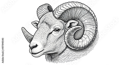Ram Head Portrait, Majestic Aries Ram with Curved Horns, Detailed Ink Drawing