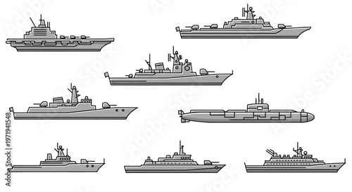 Collection of Naval Warships and Submarine - Vector Illustration