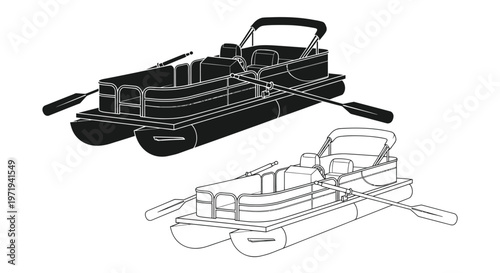 Pontoon Boat Silhouette and Outline Vector Illustration