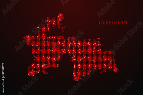 Tajikistan Map - Digital dotted map with glowing red points on dark background, modern technology style, abstract data network design, clean minimal vector illustration.