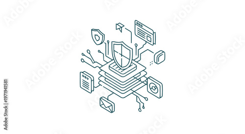 Isometric Cyber Security Shield Protecting Data and Information Online.