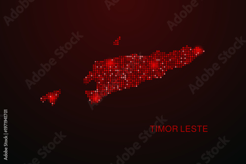 Timor Leste Map - Digital dotted map with glowing red points on dark background, modern technology style, abstract data network design, clean minimal vector illustration.