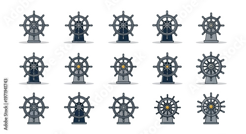 Collection of Ship Wheels, Nautical Helm Icons, Vector Illustration