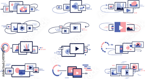 Video Streaming and Media Player Vector Icon Set with Play Buttons, Screens, Digital Content Interface and Multimedia Elements for Web and App Design.