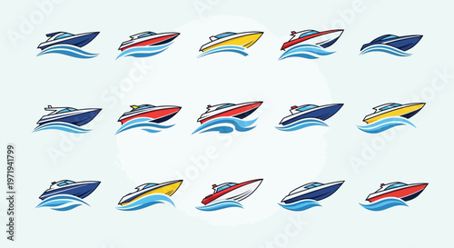 Collection of Speedboats on Waves, Modern Yacht Designs, Marine Vector Icons