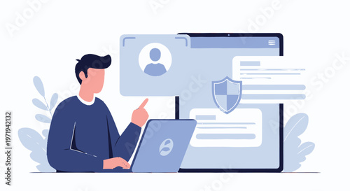 Man working on laptop with security interface and profile icon.