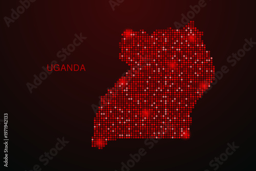 Uganda Map - Digital dotted map with glowing red points on dark background, modern technology style, abstract data network design, clean minimal vector illustration.