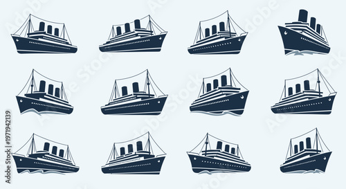 Collection of vintage cruise ship illustrations in different angles