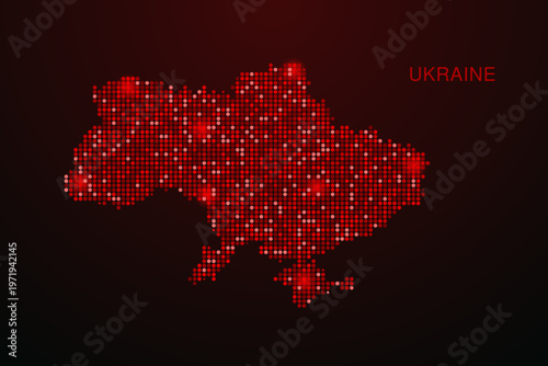 Ukraine Map - Digital dotted map with glowing red points on dark background, modern technology style, abstract data network design, clean minimal vector illustration.