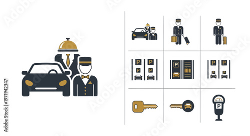 Concierge Service Icons: Valet, Parking, Luggage, Key, Meter