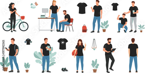 Casual Lifestyle Characters Illustration Set with People Wearing Black T Shirts, Everyday Activities, Urban Fashion and Modern Clothing Style for Apparel and Lifestyle Design