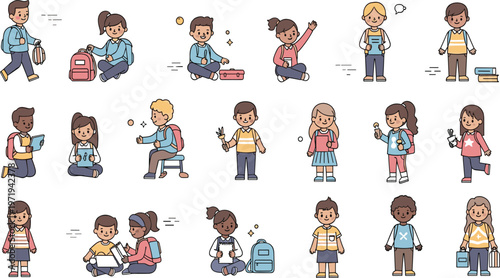 Cute School Kids Vector Set with Boys and Girls Studying, Reading, Playing and Learning Activities for Education, Classroom and Childhood Illustration Design.