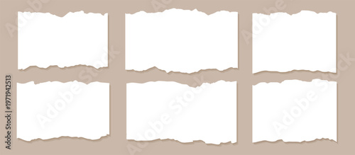 Set of torn paper sheets. Ripped paper strips collection. Torn notebook page or scrap note with damaged border. Sticky newspaper clip art.	
