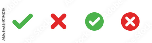 Check mark icon button set with green tick and red cross, checkbox yes no right wrong symbols vector illustration