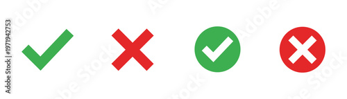 Check mark icon button set. check box icon with right and wrong buttons and yes or no checkmark icons in green tick box and red cross of vector design.