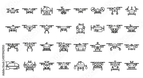 Drone Icon Set: Diverse Unmanned Aerial Vehicle Collection