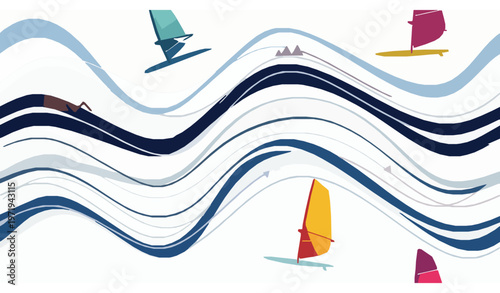 Abstract ocean ripple lines seamless pattern with windsurf elements modern flat vector illustration