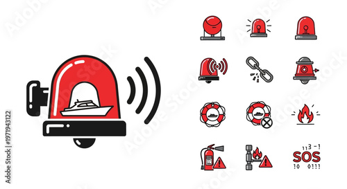 Emergency icons: boat alarm, siren, sos, fire extinguisher, lifebuoy
