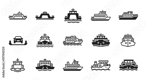 Ferry Boat Icon Set: Transportation Vessels and Watercraft Collection