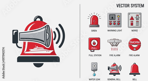 Fire Alarm System Icons: Siren, Bell, Warning Light, Pull Station