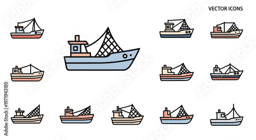 Fishing Boat Icons Set - Vector Illustrations of Trawlers and Nets