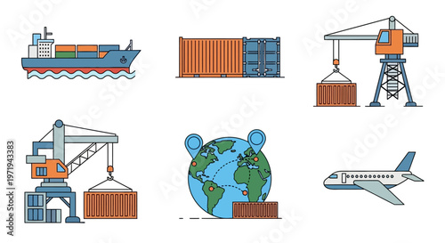 Global Shipping and Logistics Icons: Ship, Cargo Containers, Cranes, Airplane, World Map