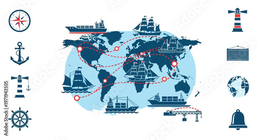 Global Shipping Routes: World Map with Cargo Ships and Icons