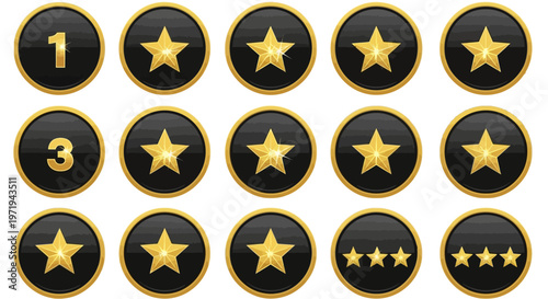 Gold Star Rating Icons - Set of 1 to 5 Stars, Numbers 1, 2, 3
