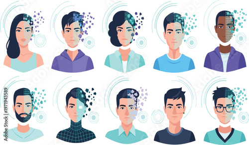 Facial Recognition Technology Vector Set with Diverse Male and Female Avatars, Biometric Scan Interface and Digital Identity Security Concept for Modern AI Systems Design.