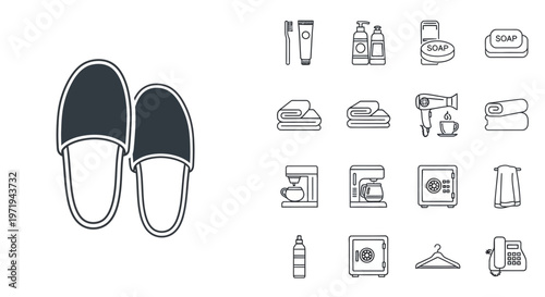 Hotel Amenities Icons & Slippers Set: Comfort, Travel, Hygiene, and Convenience