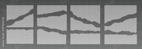 Realistic ripped white paper sheets isolated on a transparent background. Torn blank pages with uneven texture edges. Damaged letter, document mockup, newspaper cutout. 