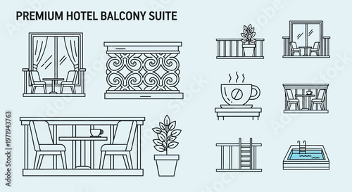 Hotel Balcony Suite Elements: Patio Furniture, Coffee, Pool & Decor Icons