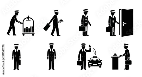 Hotel Bellhop and Concierge Services Icons Set