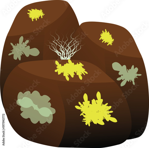 This vector illustration shows a rock covered with plant roots and various microorganisms.