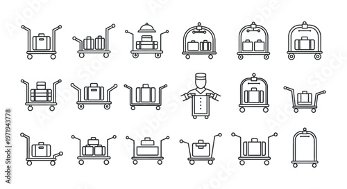 Hotel Bellhop Luggage Carts Collection - Vector Icons