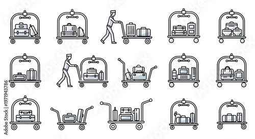 Hotel Bellhop with Luggage Carts Icon Set: Travel, Service, and Hospitality