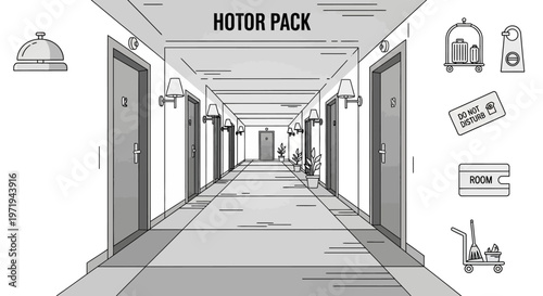 Hotel Corridor with Icons: Room Service, Housekeeping, Do Not Disturb Sign