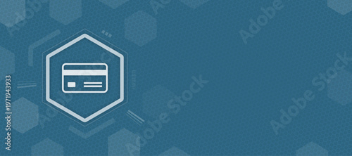 Vector credit card icon on blue hexagon background with copy space for finance and banking