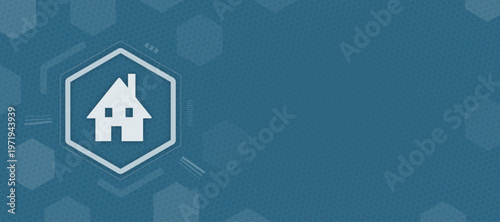 Vector house icon on blue hexagon background with copy space for real estate and home property