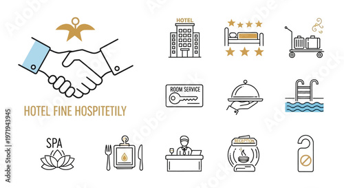 Hotel Hospitality Icons: Handshake, Building, Bed, Luggage Cart, Spa, Service