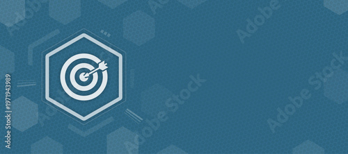 Vector target and arrow icon on blue hexagon background with copy space for goal and success