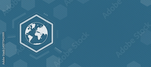 Vector world globe icon on blue hexagon background with copy space for global business and earth