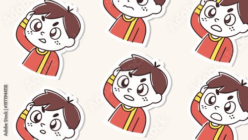 Cute Thinking Boy Cartoon Sticker Seamless Pattern Illustration